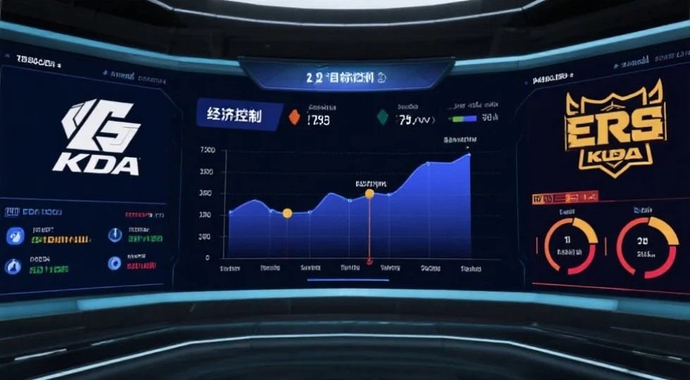 电子竞技数据面板，显示经济曲线、KDA、目标控制、两队LOGO和关键数据对比，风格专业简洁
